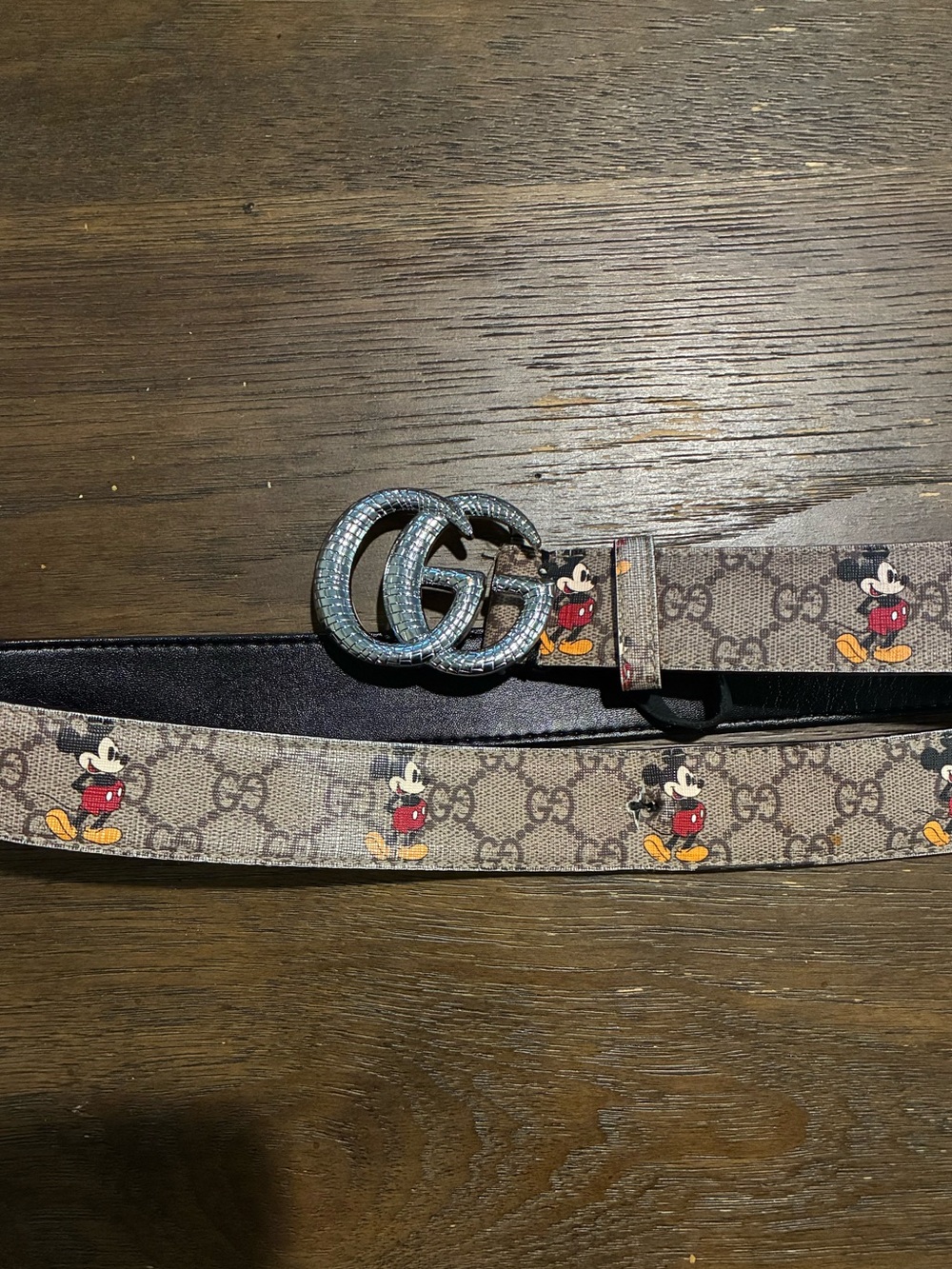 Gucci Beige Brown GG Supreme Belt with Mickey Mouse Accents